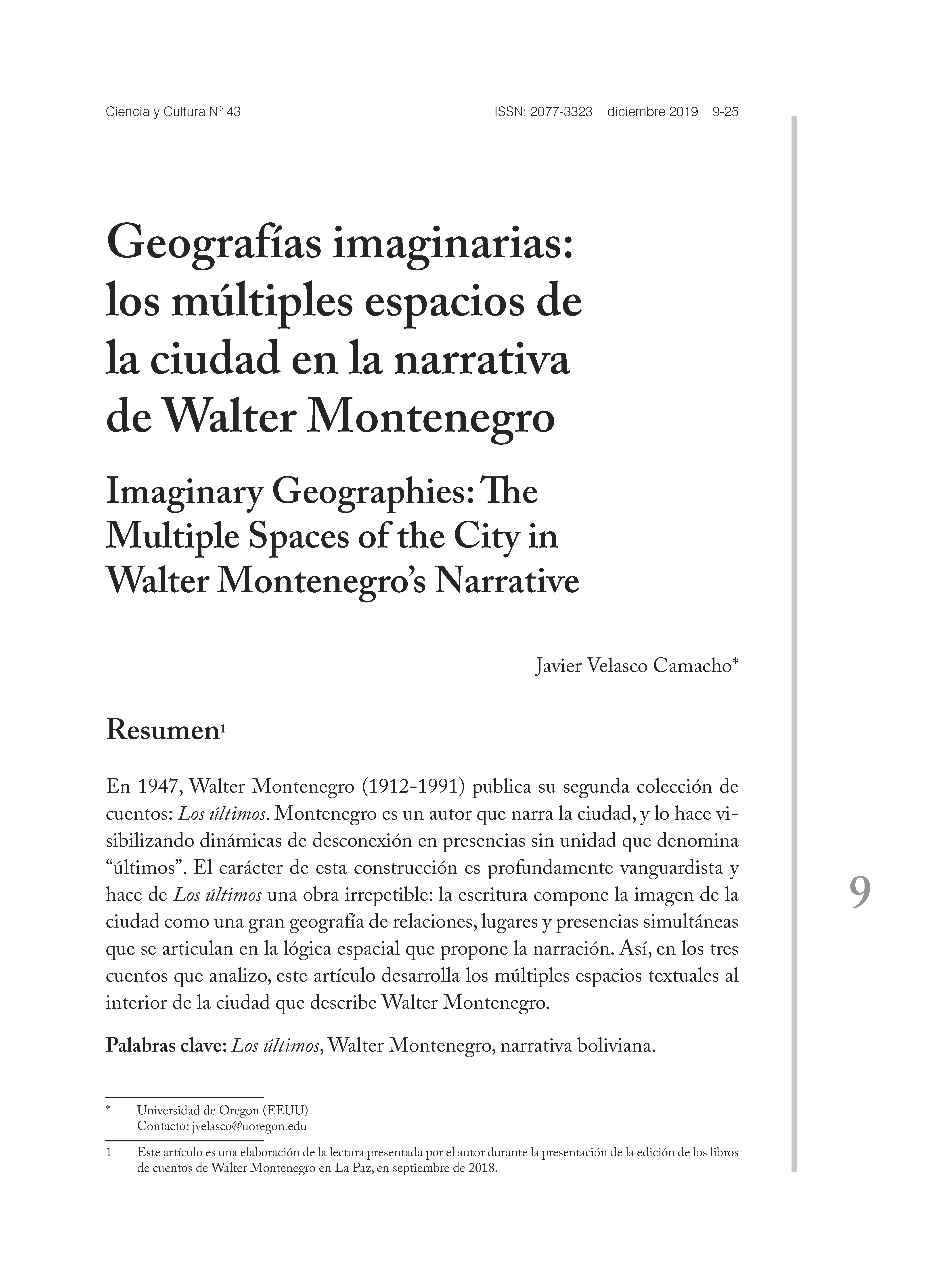 Geografías imaginarias: los múltiples espacios de la ciudad en la narrativa de Walter Montenegro