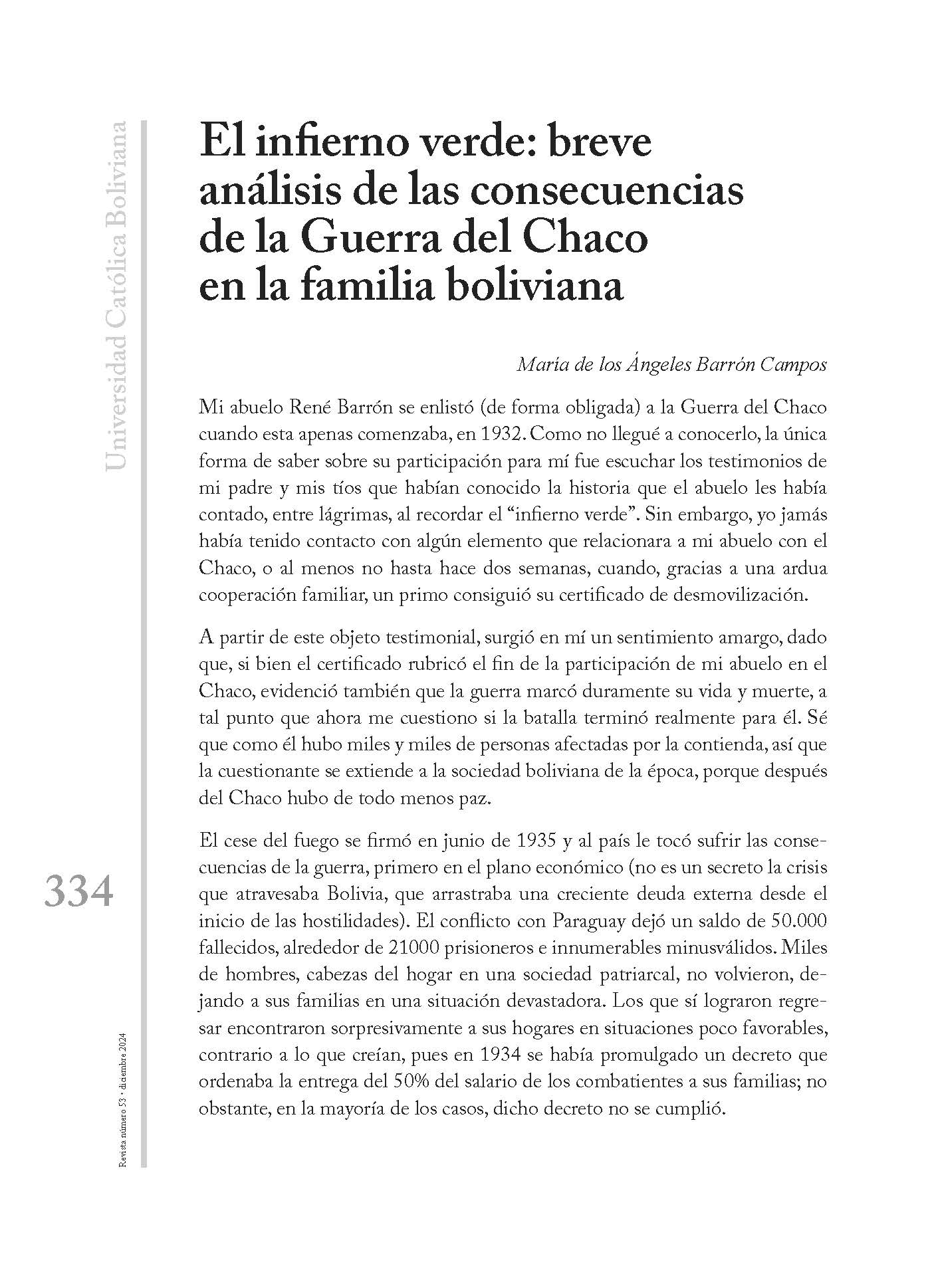 El infierno verde: breve análisis de las consecuencias de la Guerra del Chaco en la familia boliviana