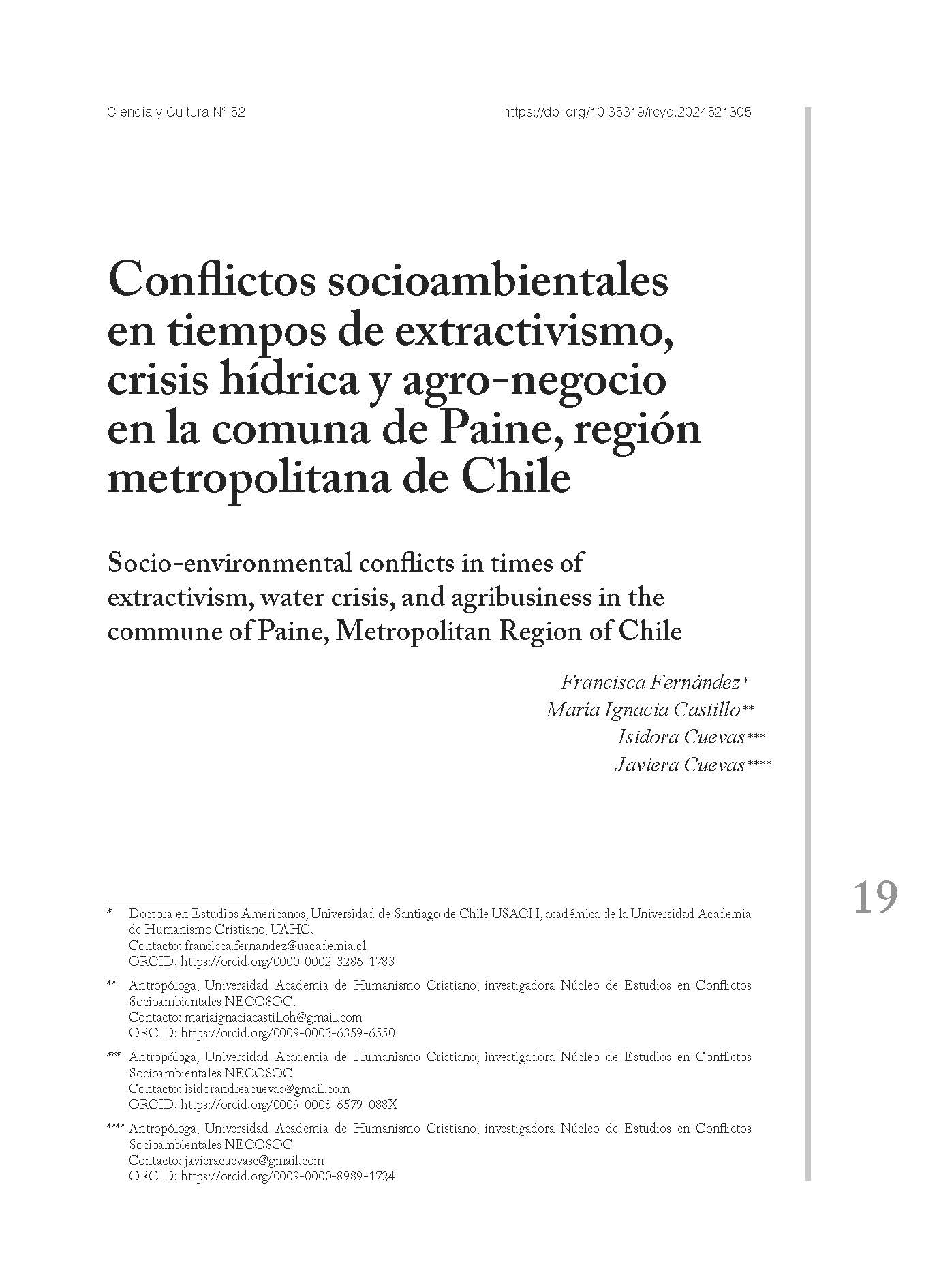 Conflictos socioambientales en tiempos de extractivismo, crisis hídrica y agro-negocio en la comuna de Paine, región metropolitana de Chile