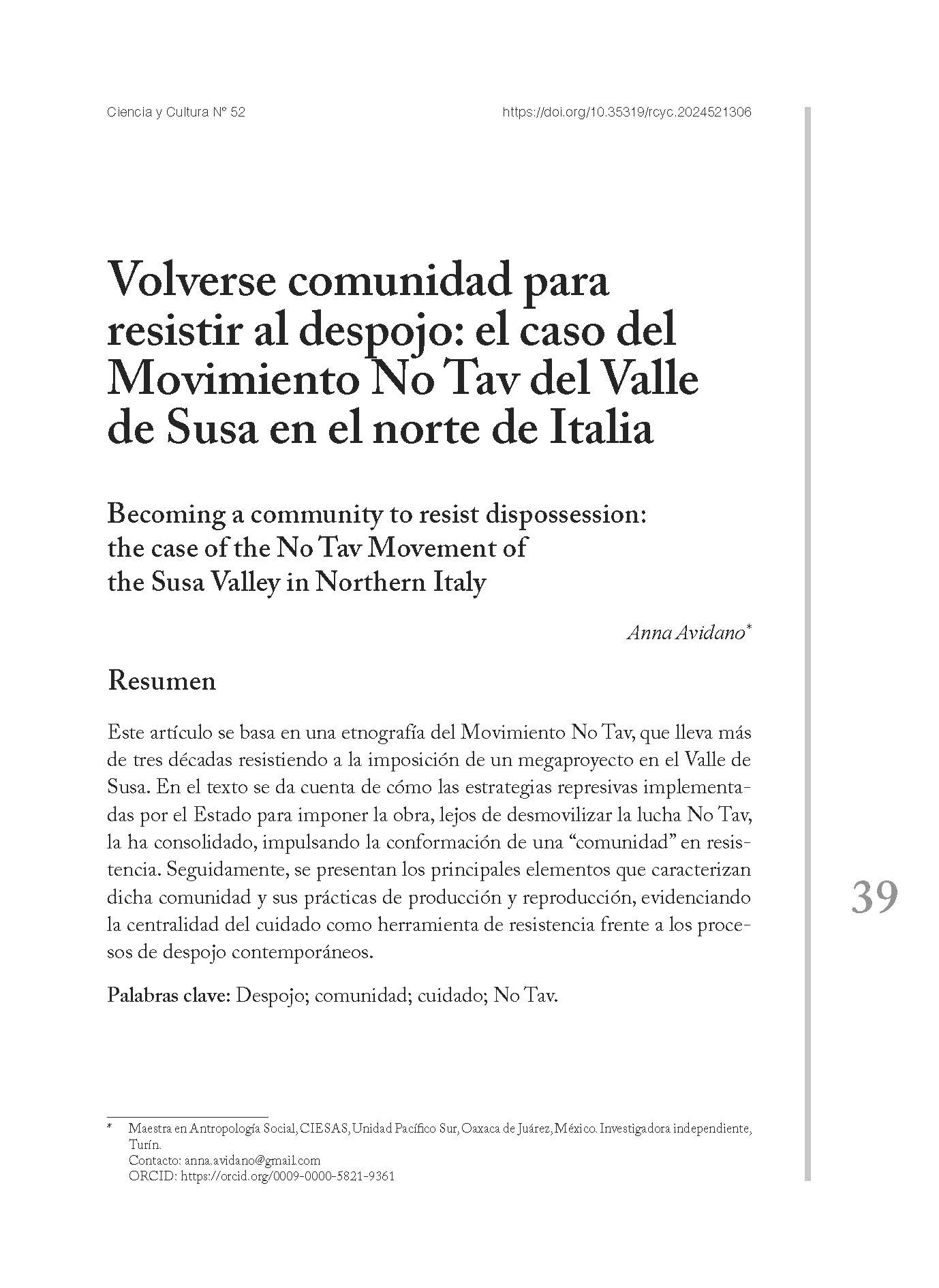 Volverse comunidad para  resistir al despojo: el caso del  Movimiento No Tav del Valle  de Susa en el norte de Italia