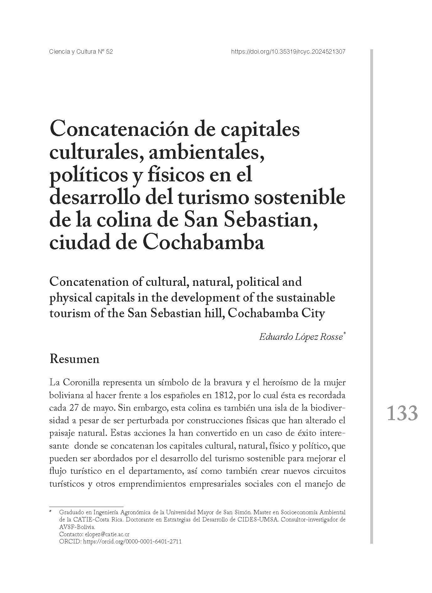 Concatenación de capitales  culturales, ambientales,  políticos y físicos en el  desarrollo del turismo sostenible  de la colina de San Sebastian,  ciudad de Cochabamba.