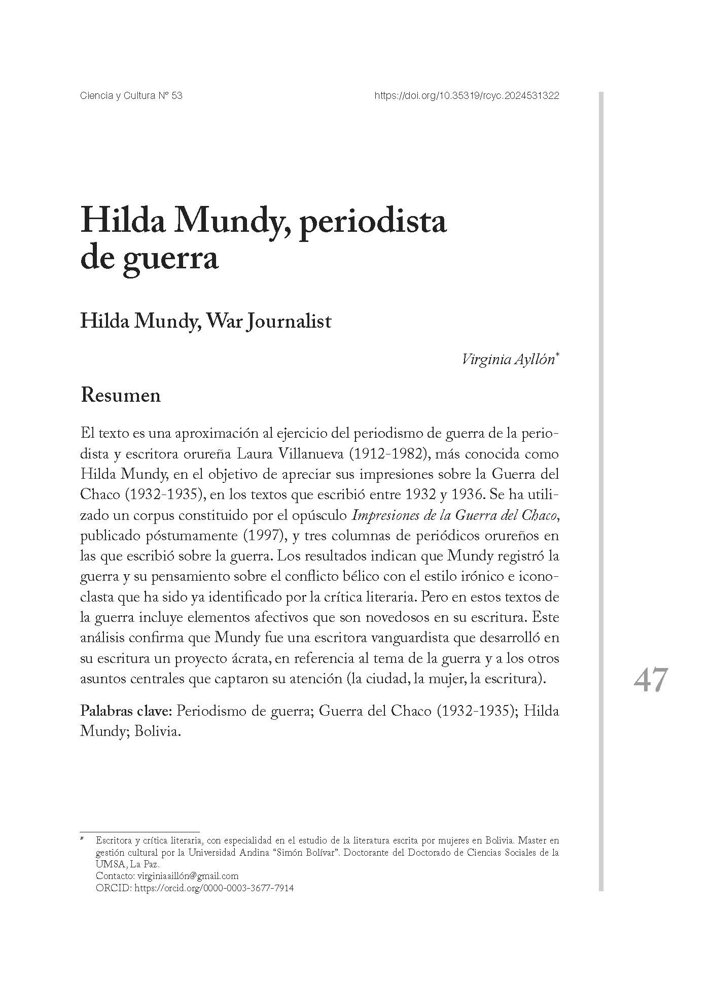 Hilda Mundy, periodista de guerra