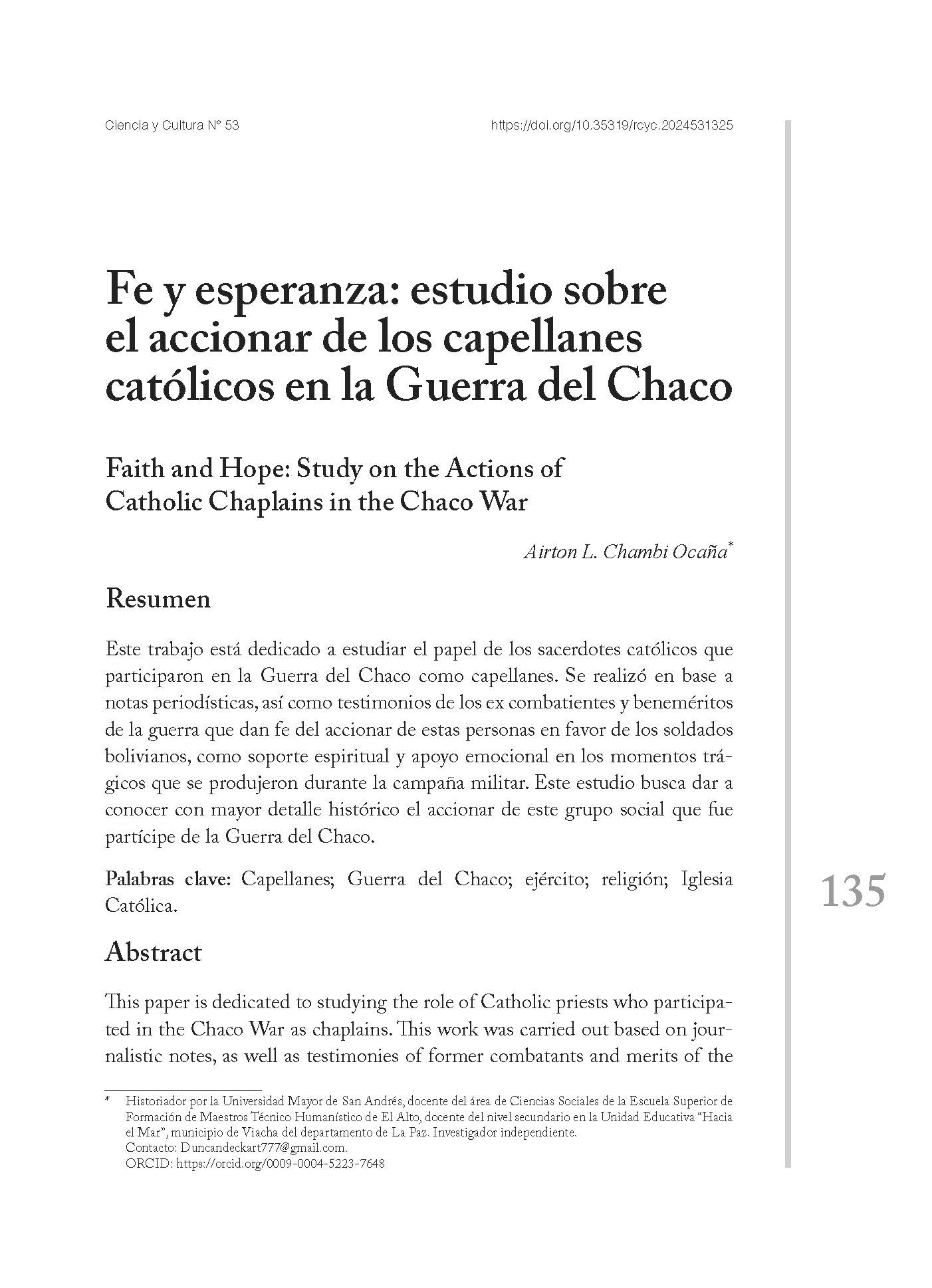 Fe y esperanza: estudio sobre el accionar de los capellanes católicos en la Guerra del Chaco