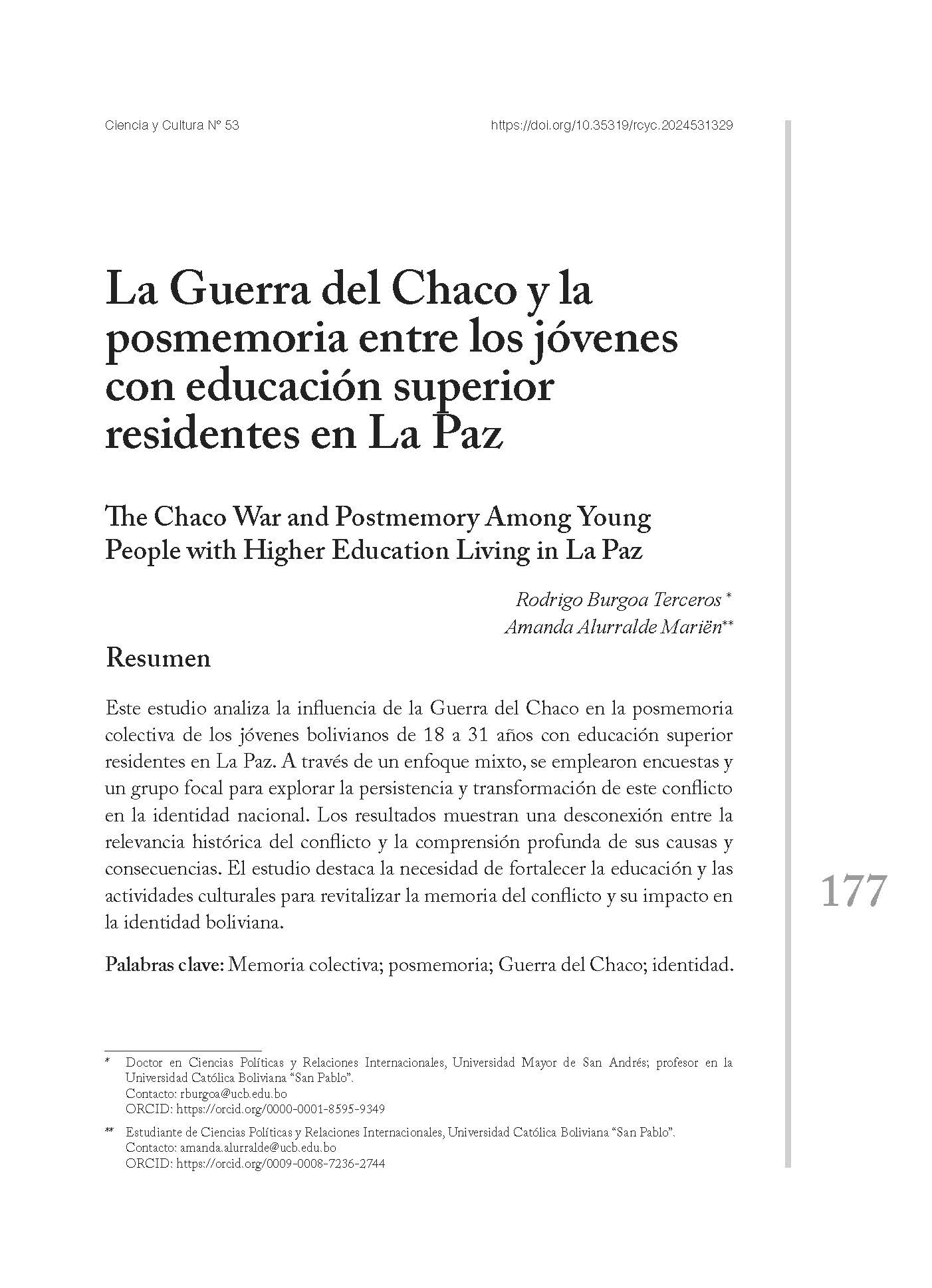 La Guerra del Chaco y la posmemoria entre los jóvenes con educación superior residentes en La Paz