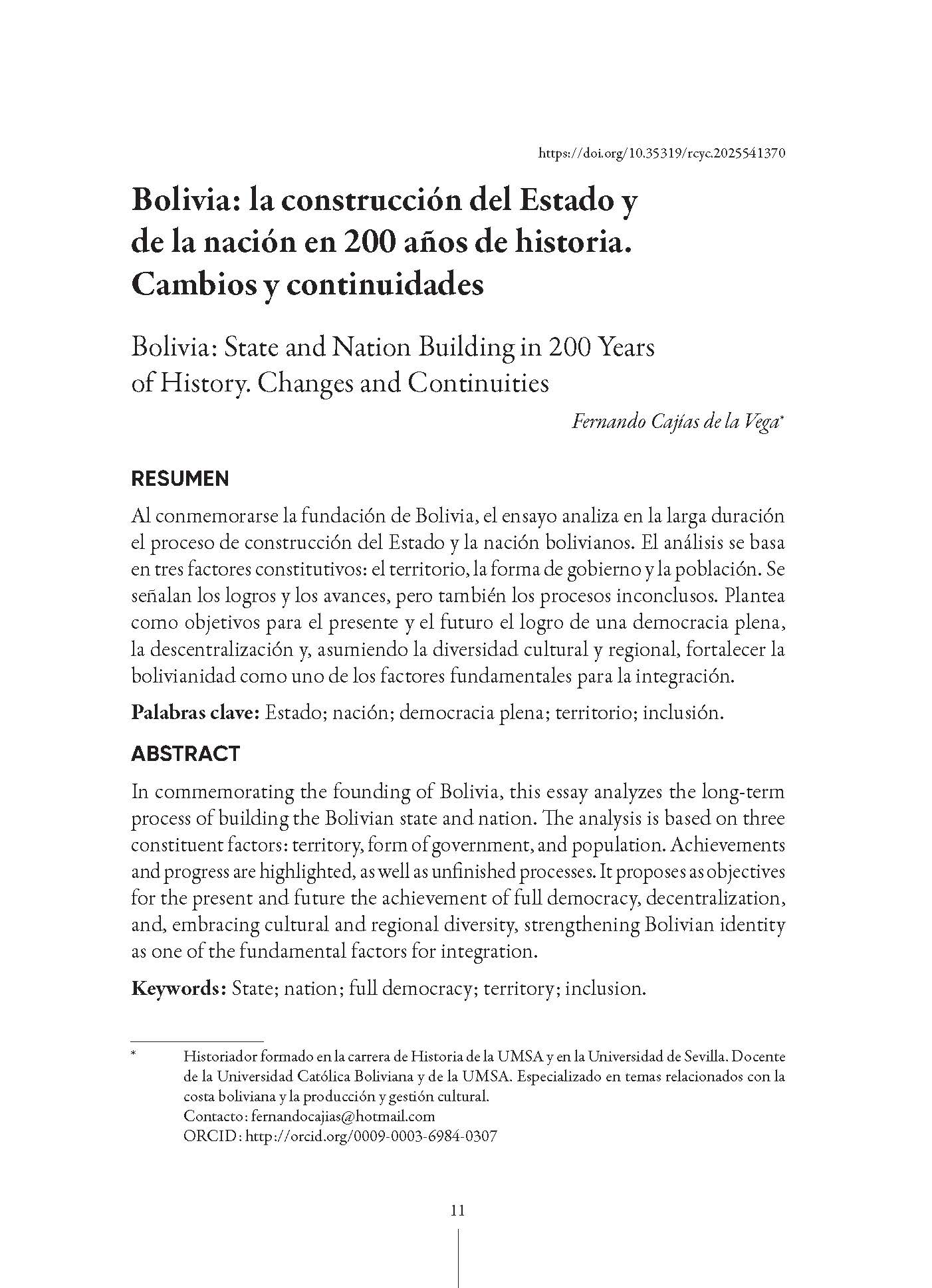 Bolivia: la construcción del Estado y de la nación en 200 años de historia. Cambios y continuidades