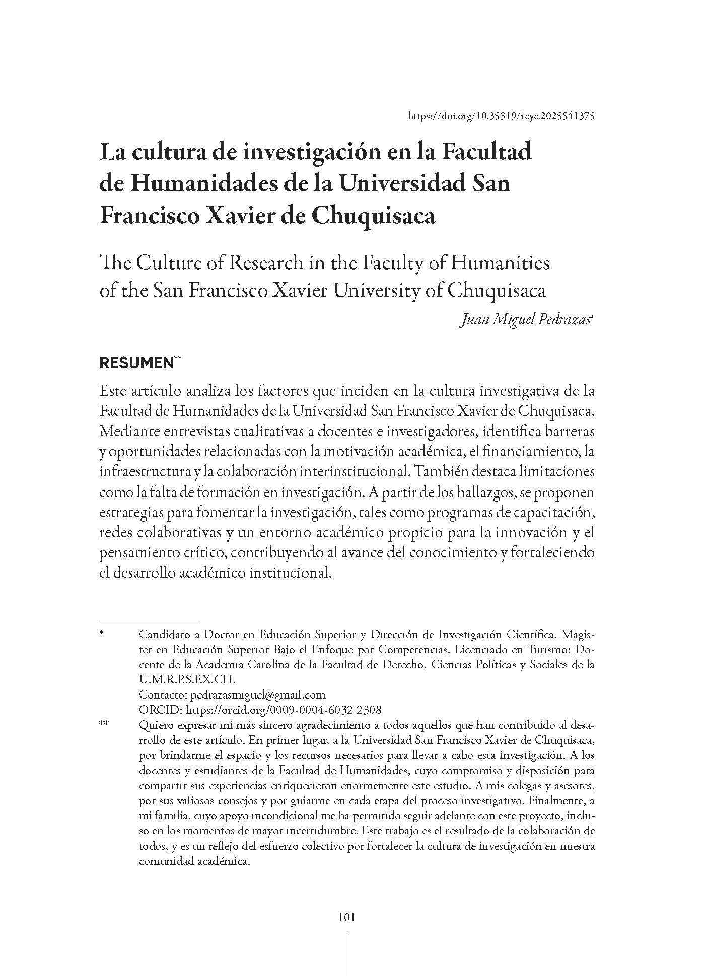 La cultura de investigación en la Facultad de Humanidades de la Universidad San Francisco Xavier de Chuquisaca