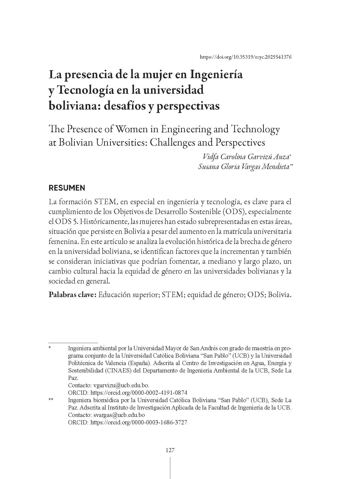 La presencia de la mujer en Ingeniería y Tecnología en la universidad boliviana: desafíos y perspectivas