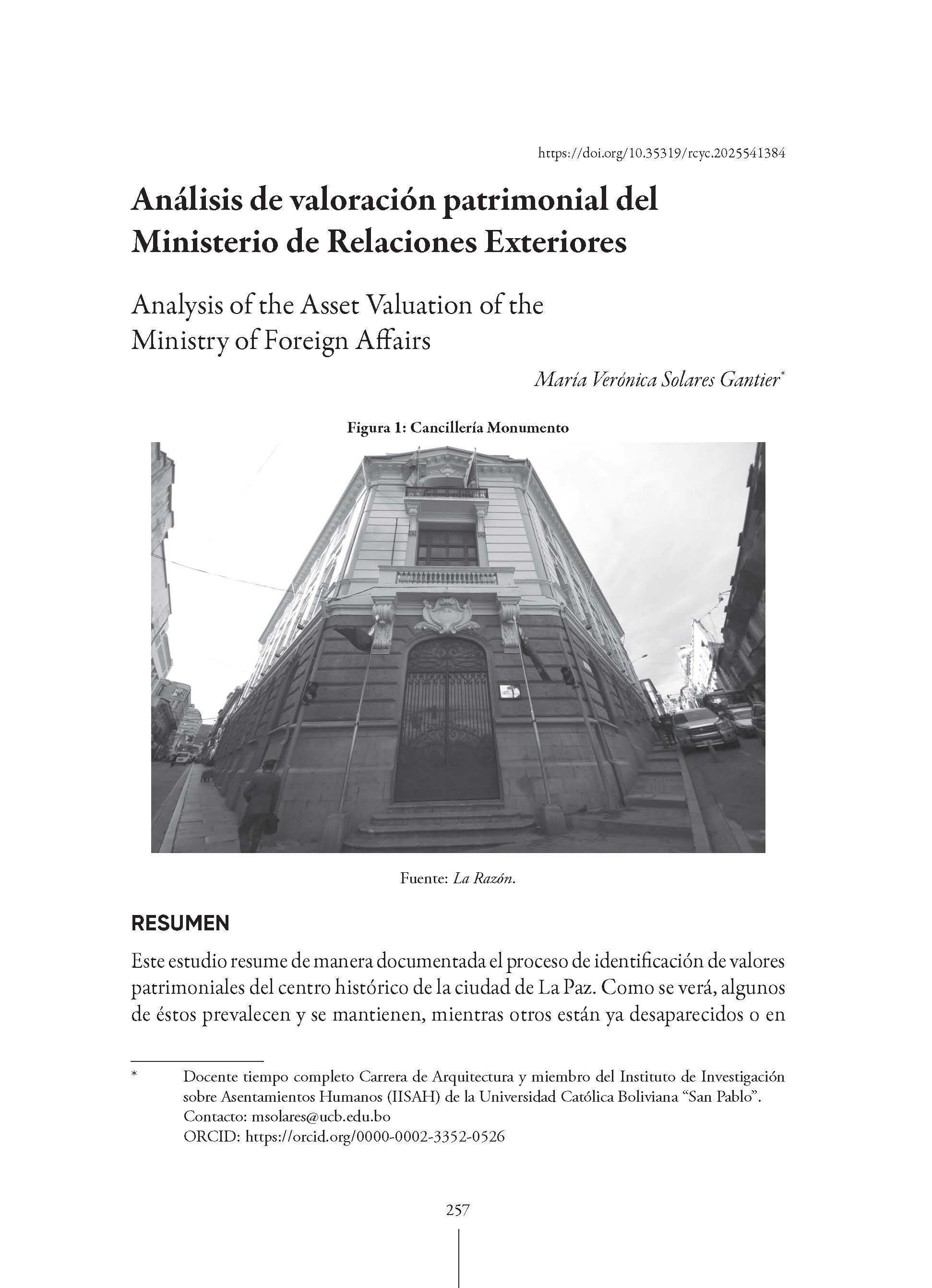 Análisis de valoración patrimonial del Ministerio de Relaciones Exteriores