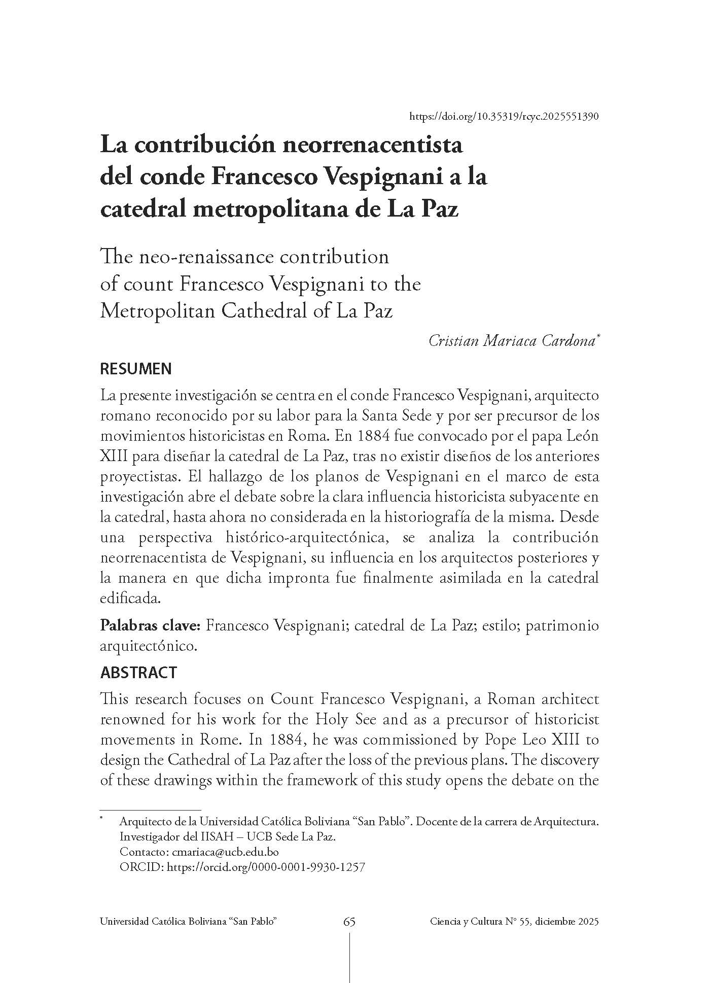 La contribución neorrenacentista del conde Francesco Vespignani a la catedral metropolitana de La Paz