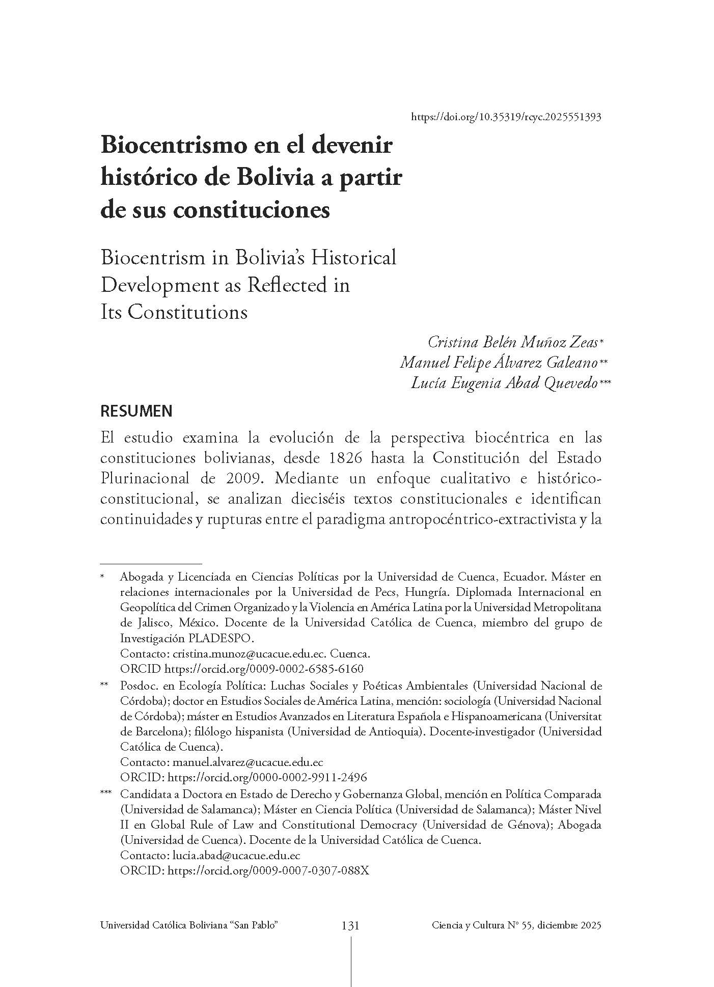 Biocentrismo en el devenir histórico de Bolivia a partir de sus constituciones