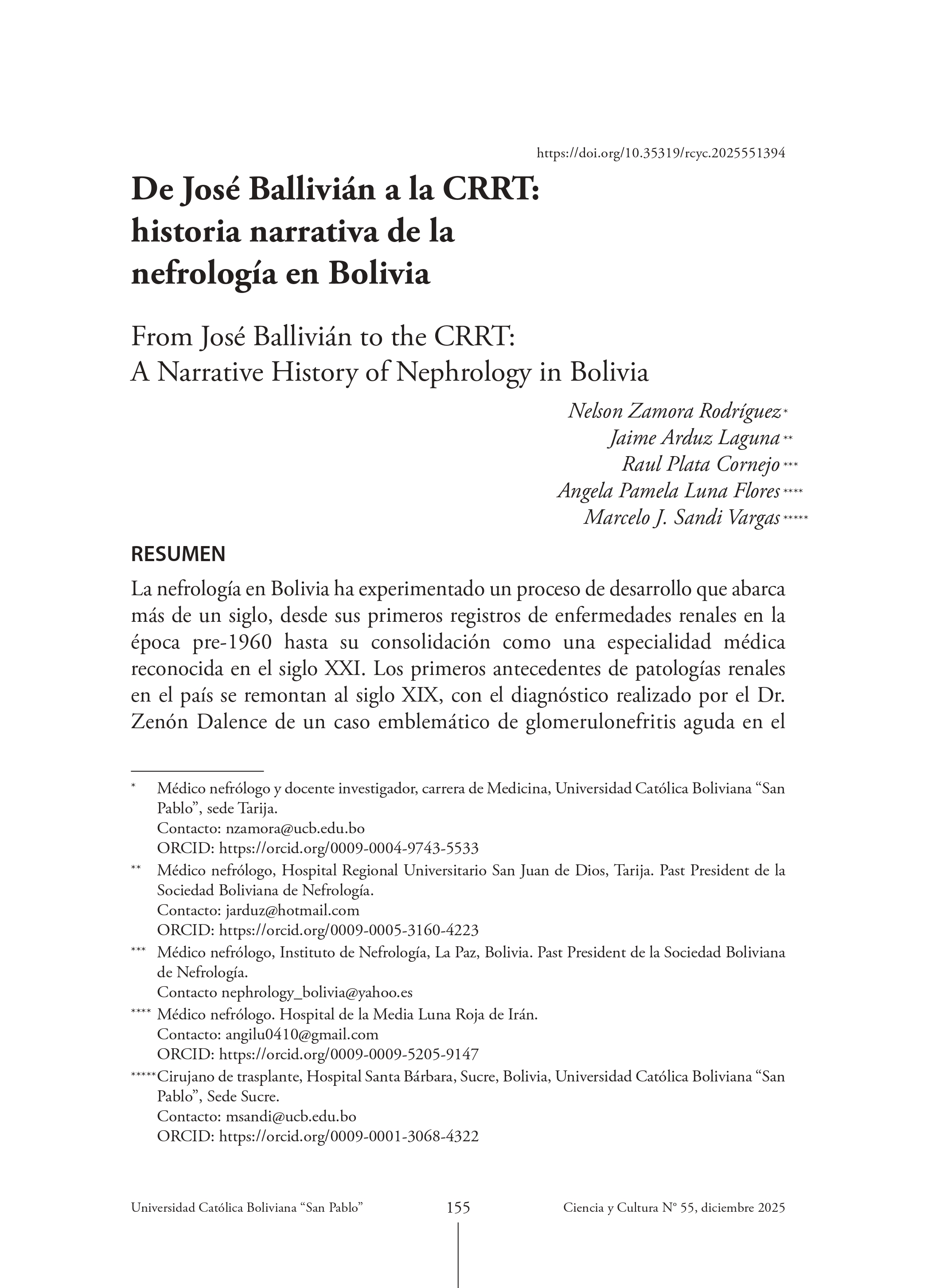 De José Ballivián a la CRRT: historia narrativa de la nefrología en Bolivia