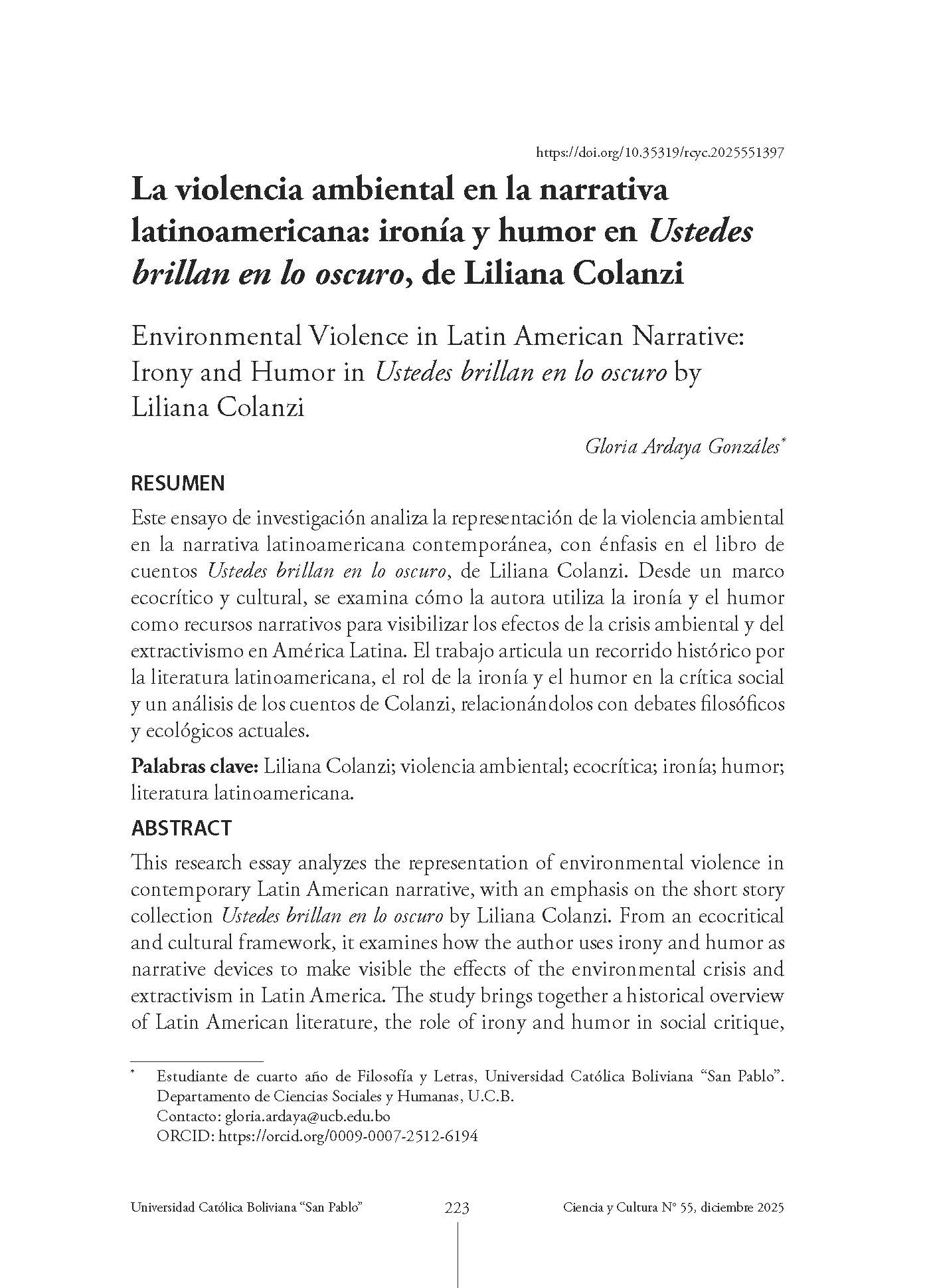 La violencia ambiental en la narrativa latinoamericana: ironía y humor en Ustedes brillan en lo oscuro, de Liliana Colanzi
