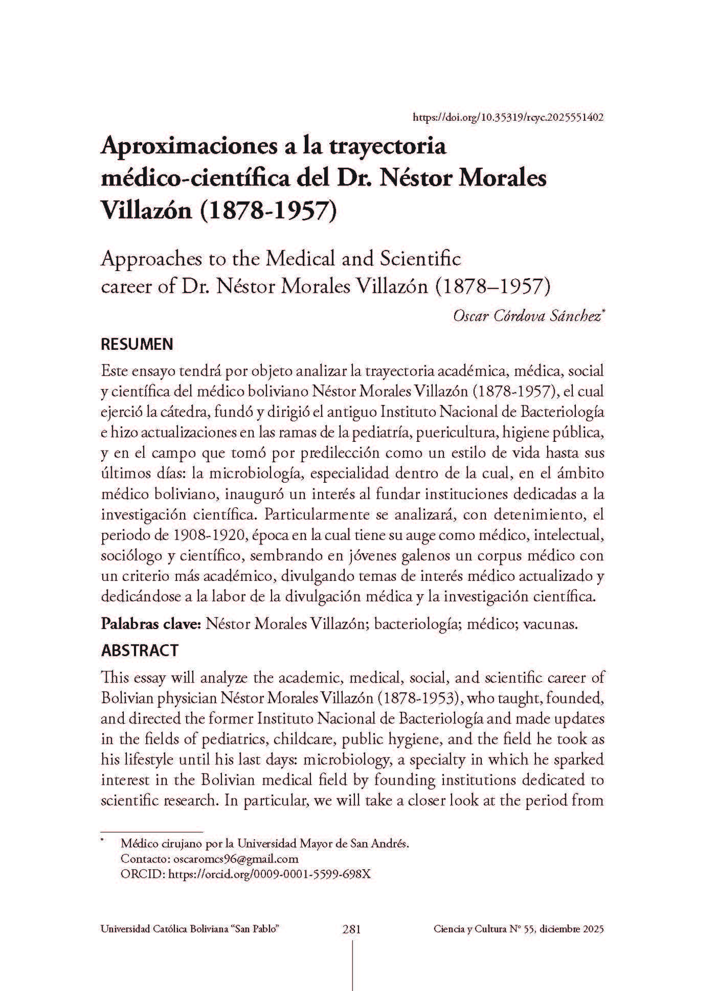 Aproximaciones a la trayectoria médico-científica del Dr. Néstor Morales Villazón (1878-1957)