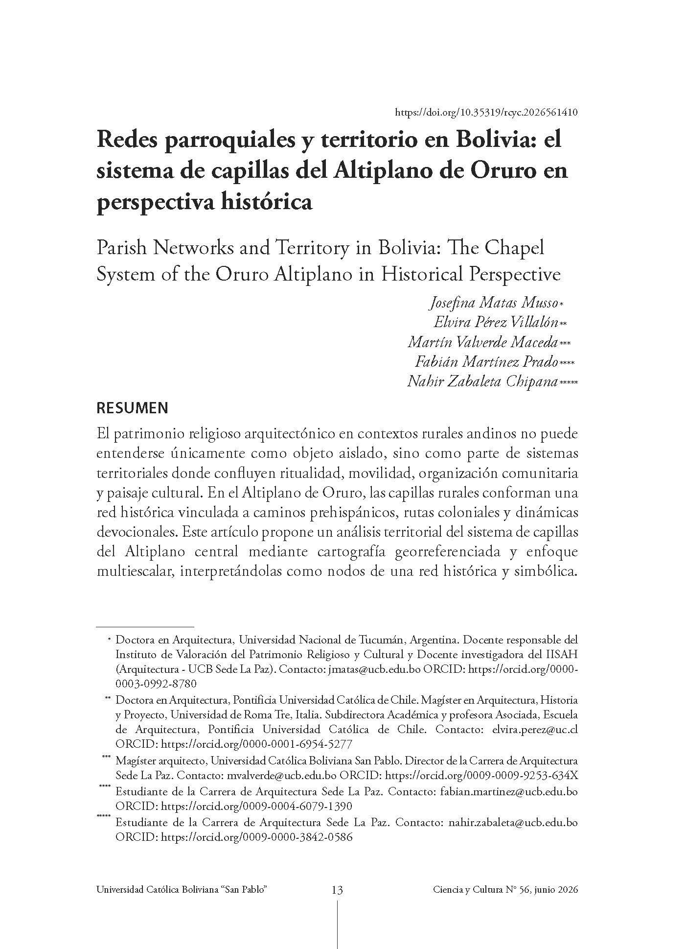 Redes parroquiales y territorio en Bolivia: el sistema de capillas del Altiplano de Oruro en perspectiva histórica