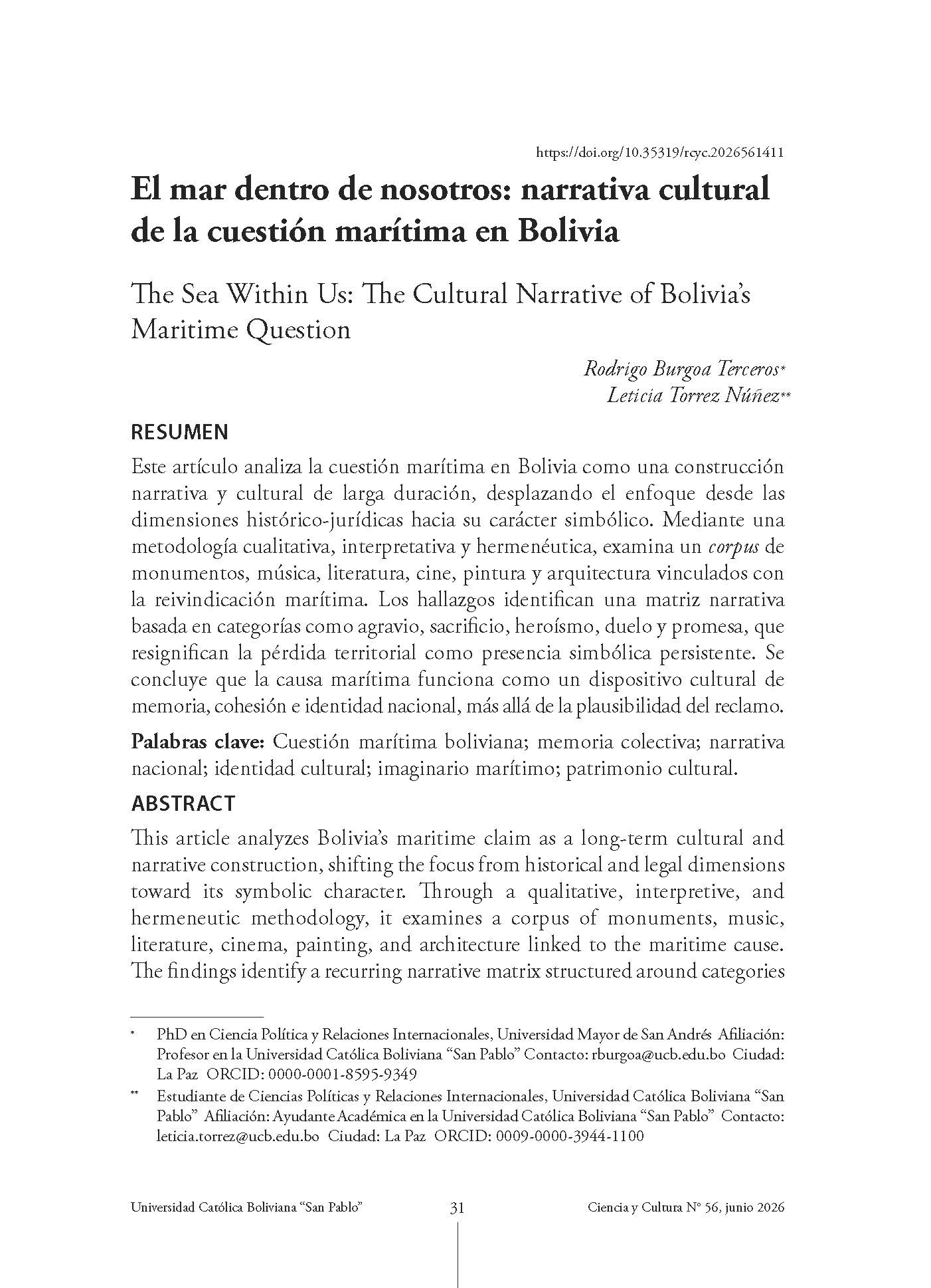 El mar dentro de nosotros: narrativa cultural de la cuestión marítima en Bolivia