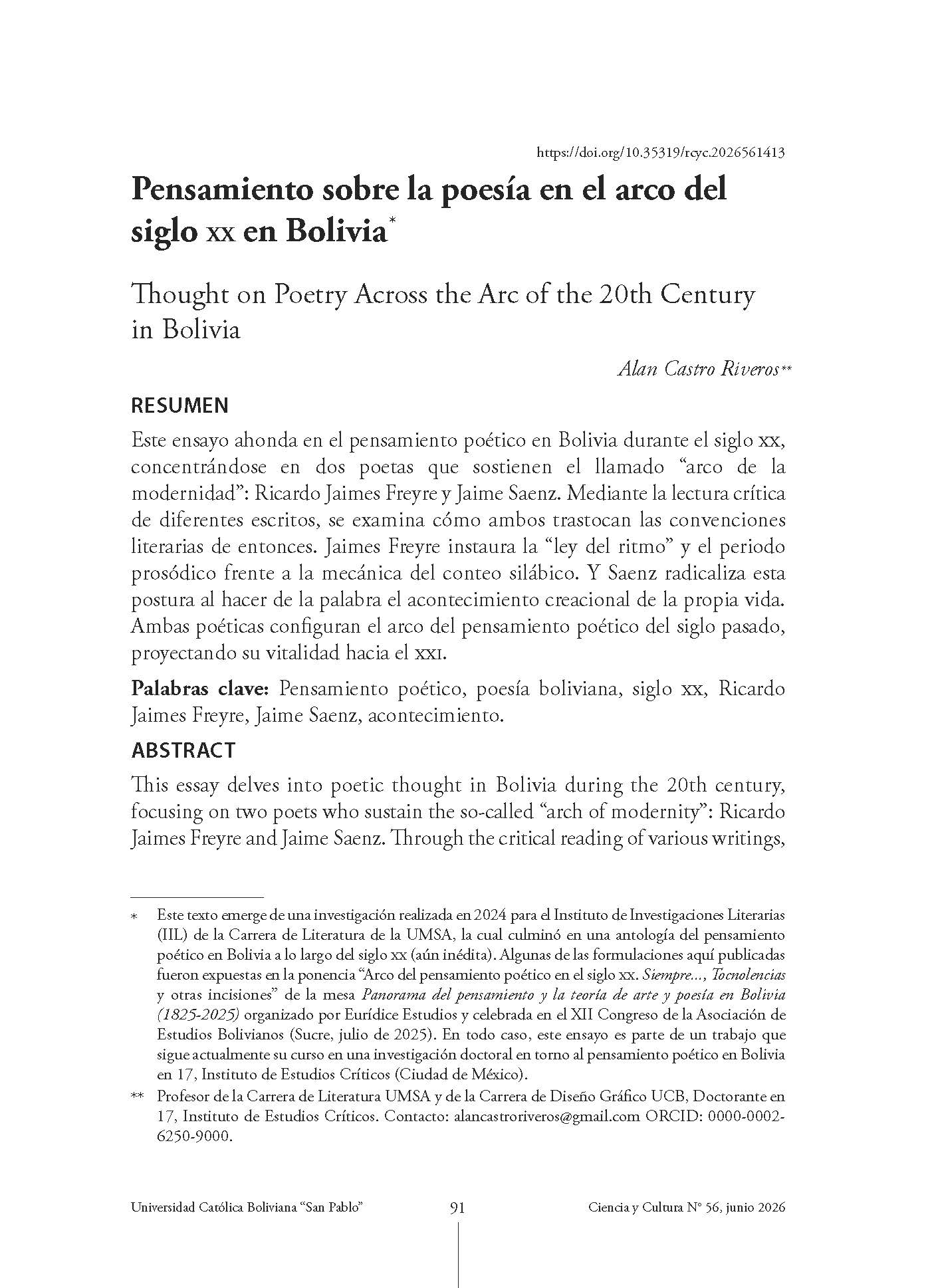 Pensamiento sobre la poesía en el arco del siglo XX en Bolivia