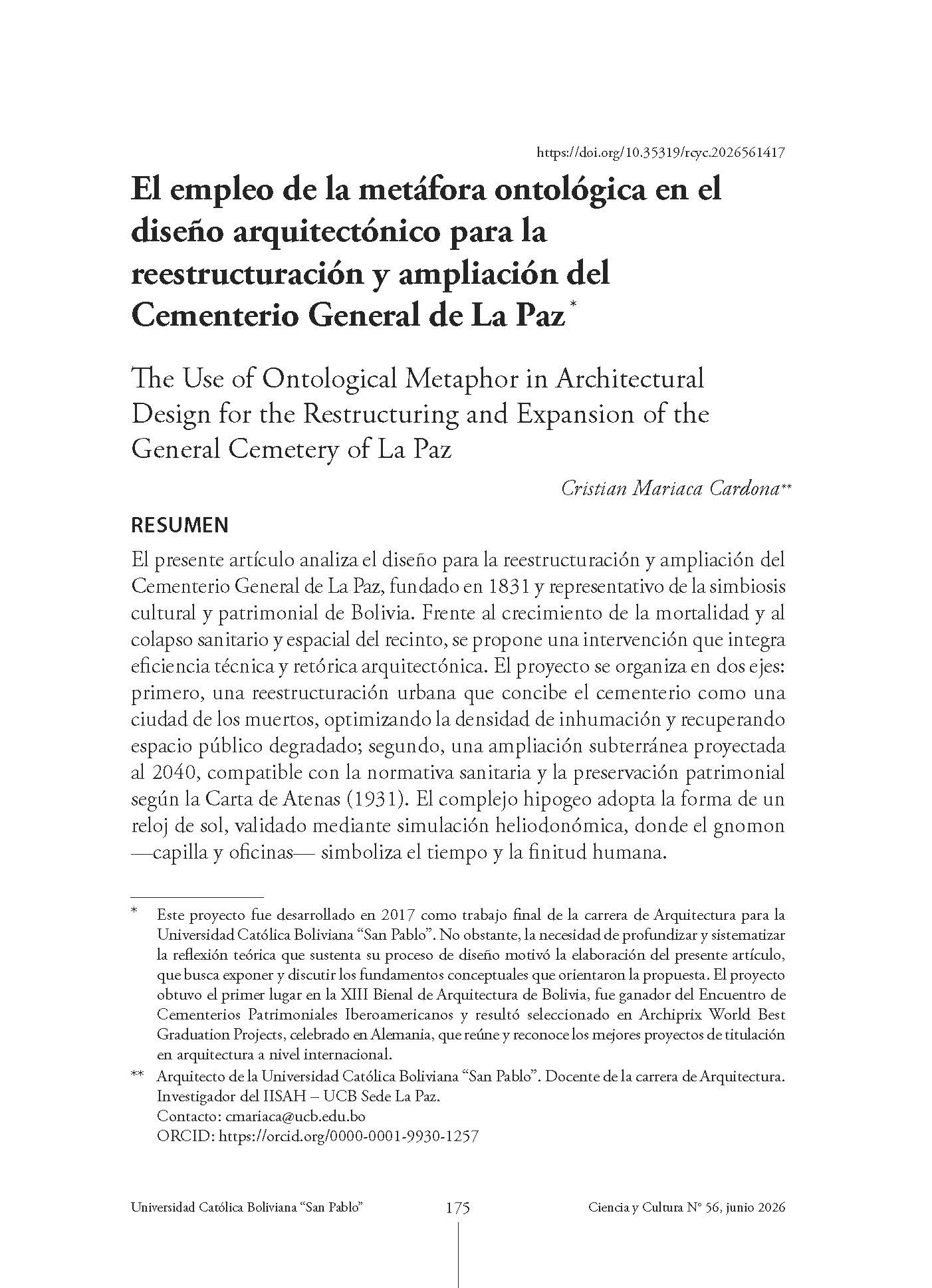 El empleo de la metáfora ontológica en el diseño arquitectónico para la reestructuración y ampliación del Cementerio General de La Paz