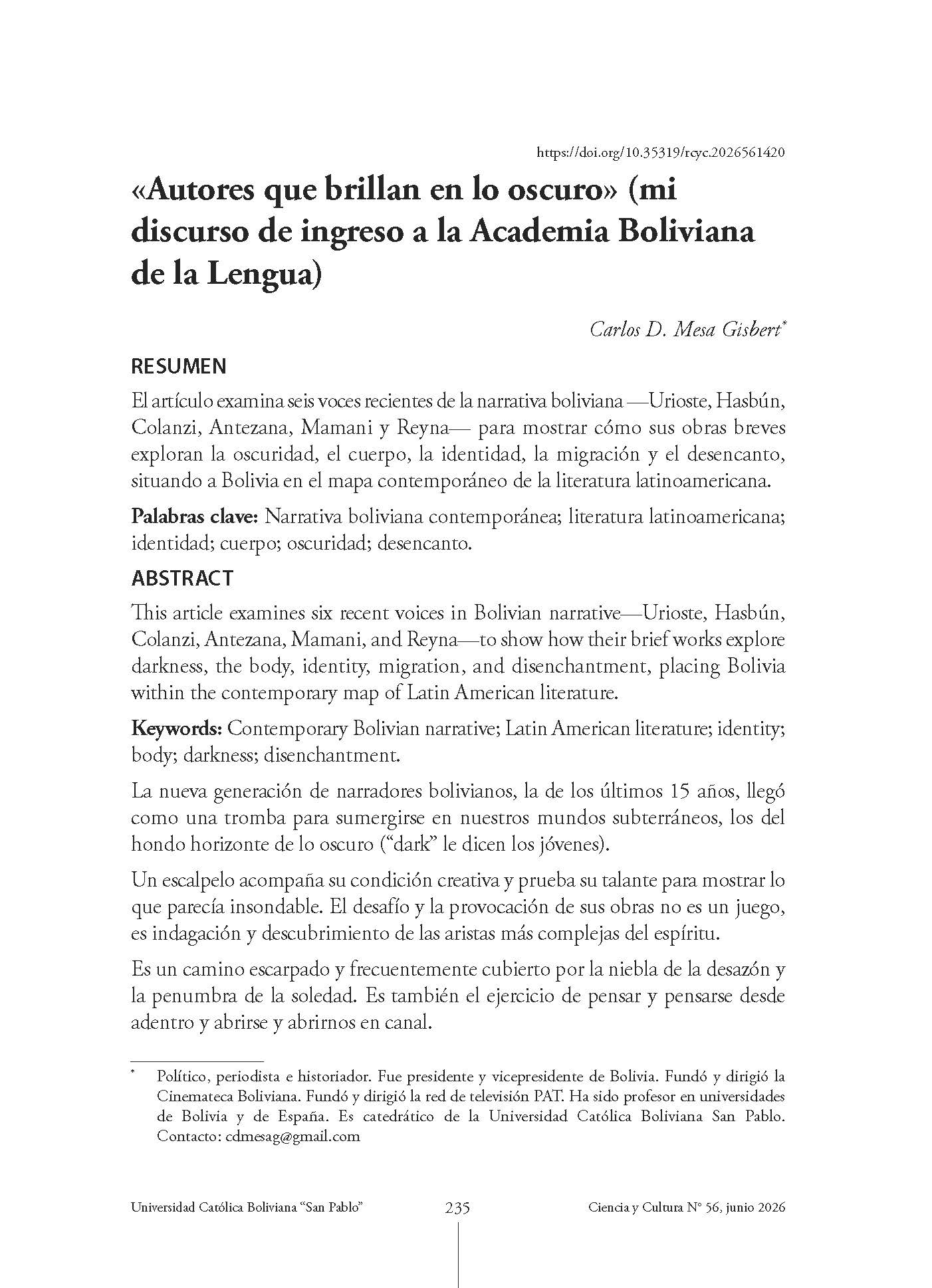 «Autores que brillan en lo oscuro» (mi discurso de ingreso a la Academia Boliviana de la Lengua)