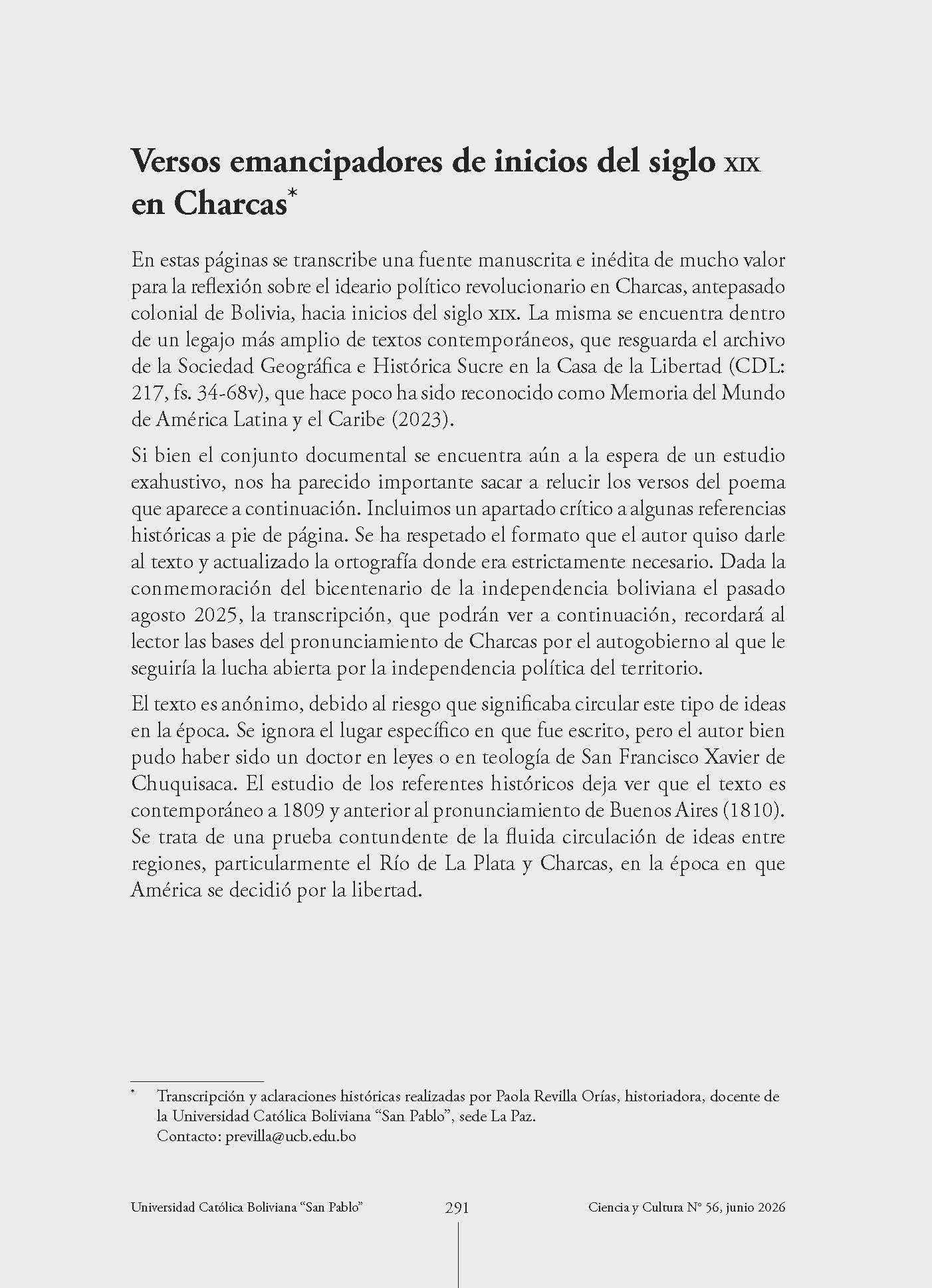 Versos emancipadores de inicios del siglo XIX en Charcas