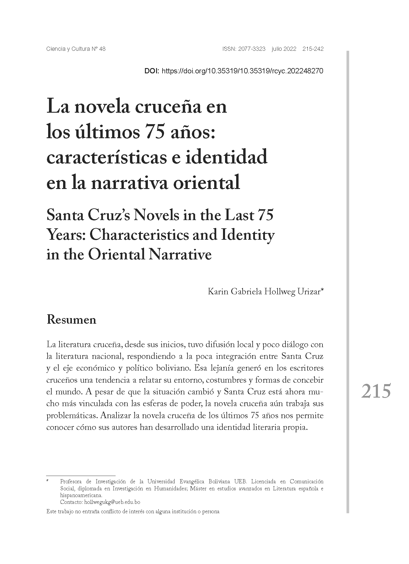 La novela cruceña en los últimos 75 años: características e identidad en la narrativa oriental