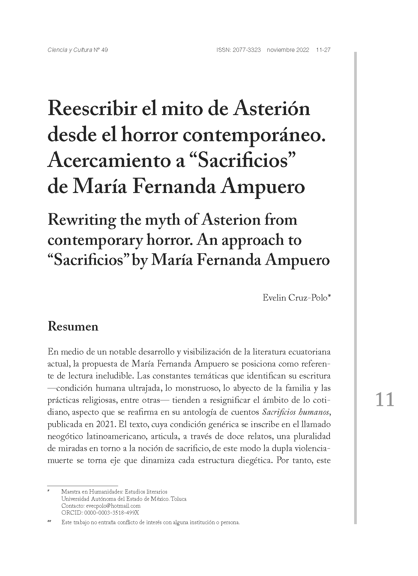 Reescribir el mito de Asterión desde el horror contemporáneo. Acercamiento a “Sacrificios” de María Fernanda Ampuero