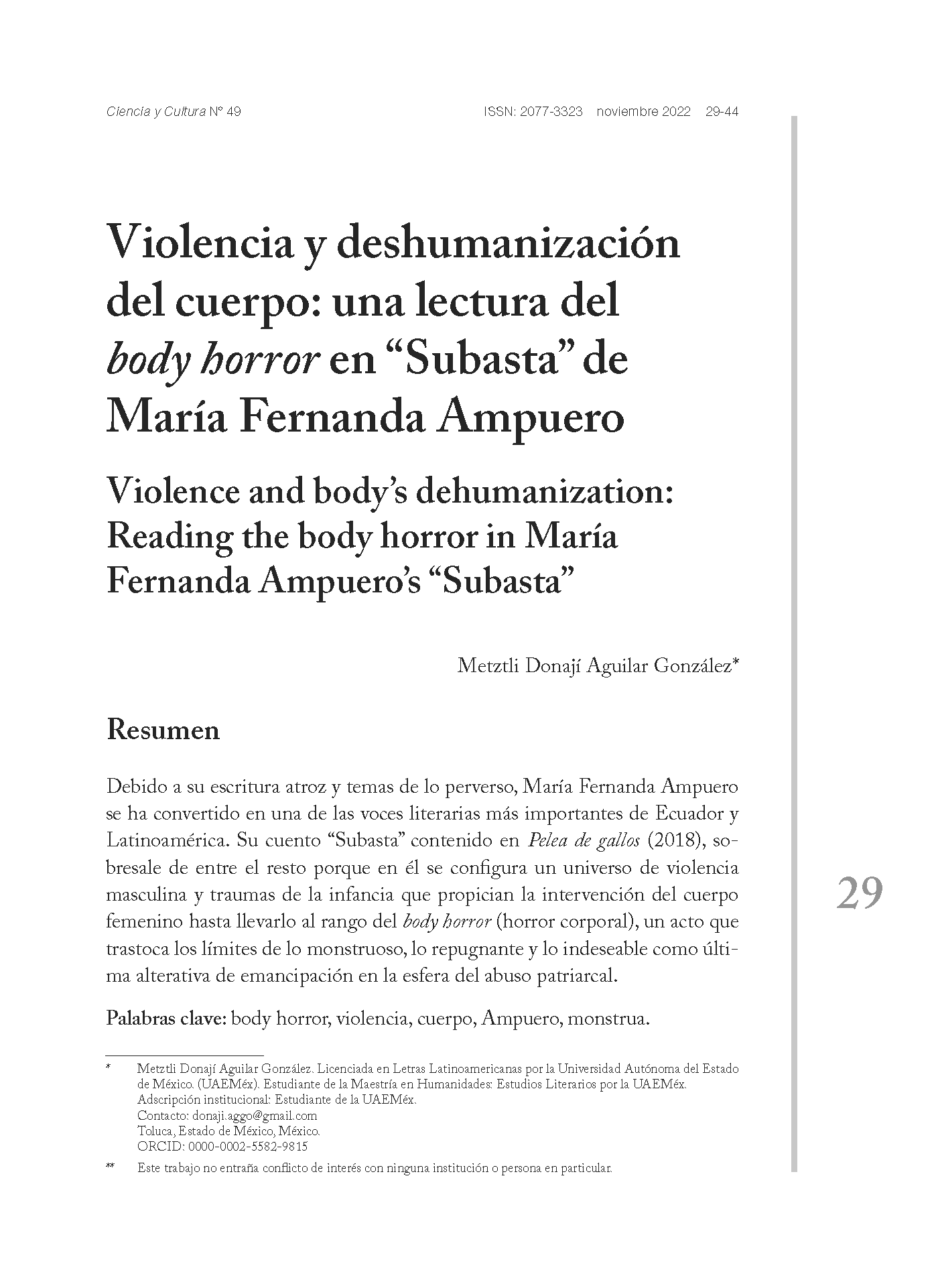 Violencia y deshumanización del cuerpo: una lectura del body horror en “Subasta” de María Fernanda Ampuero
