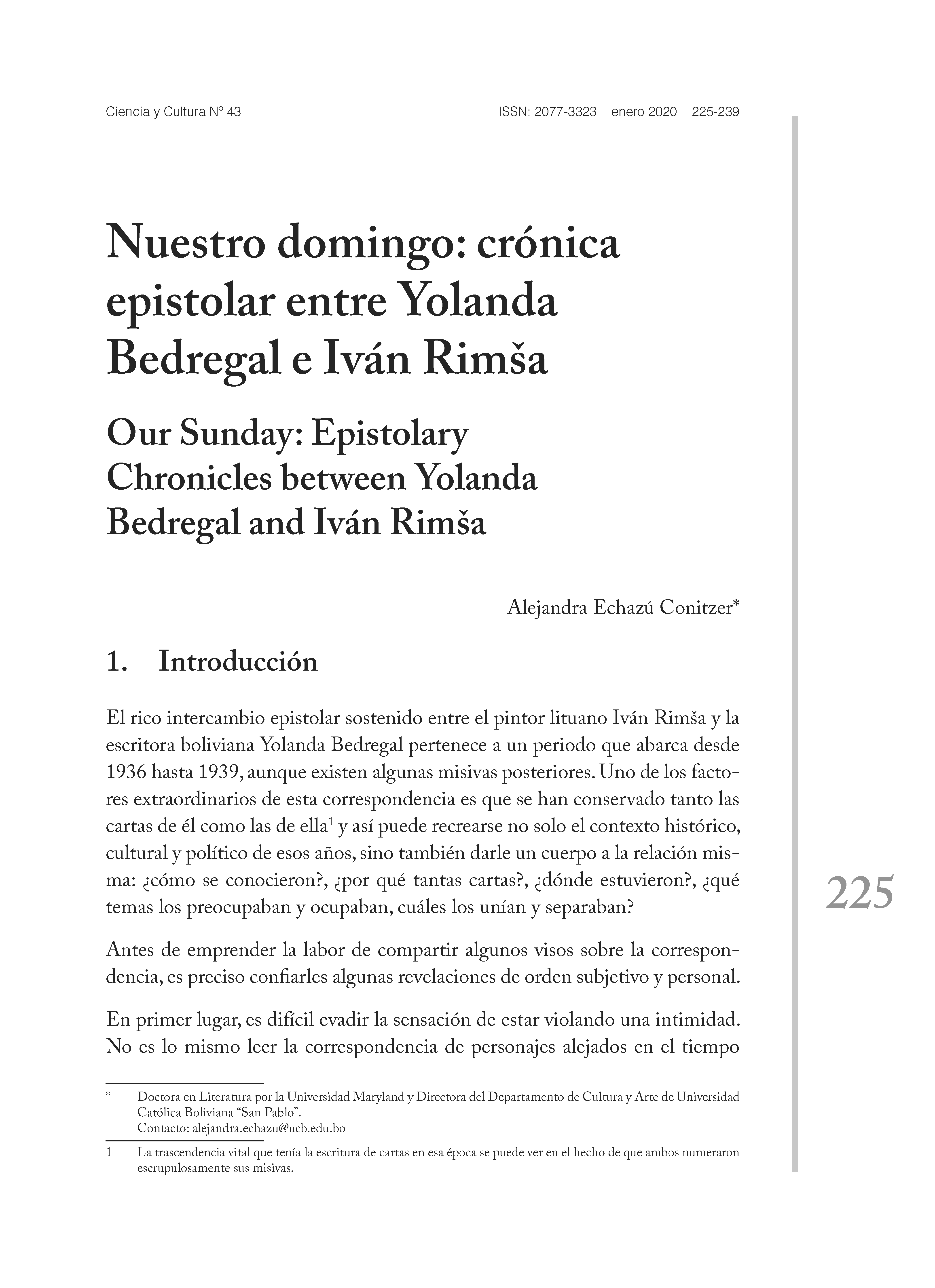 Nuestro domingo: crónica epistolar entre Yolanda Bedregal e Iván Rimša