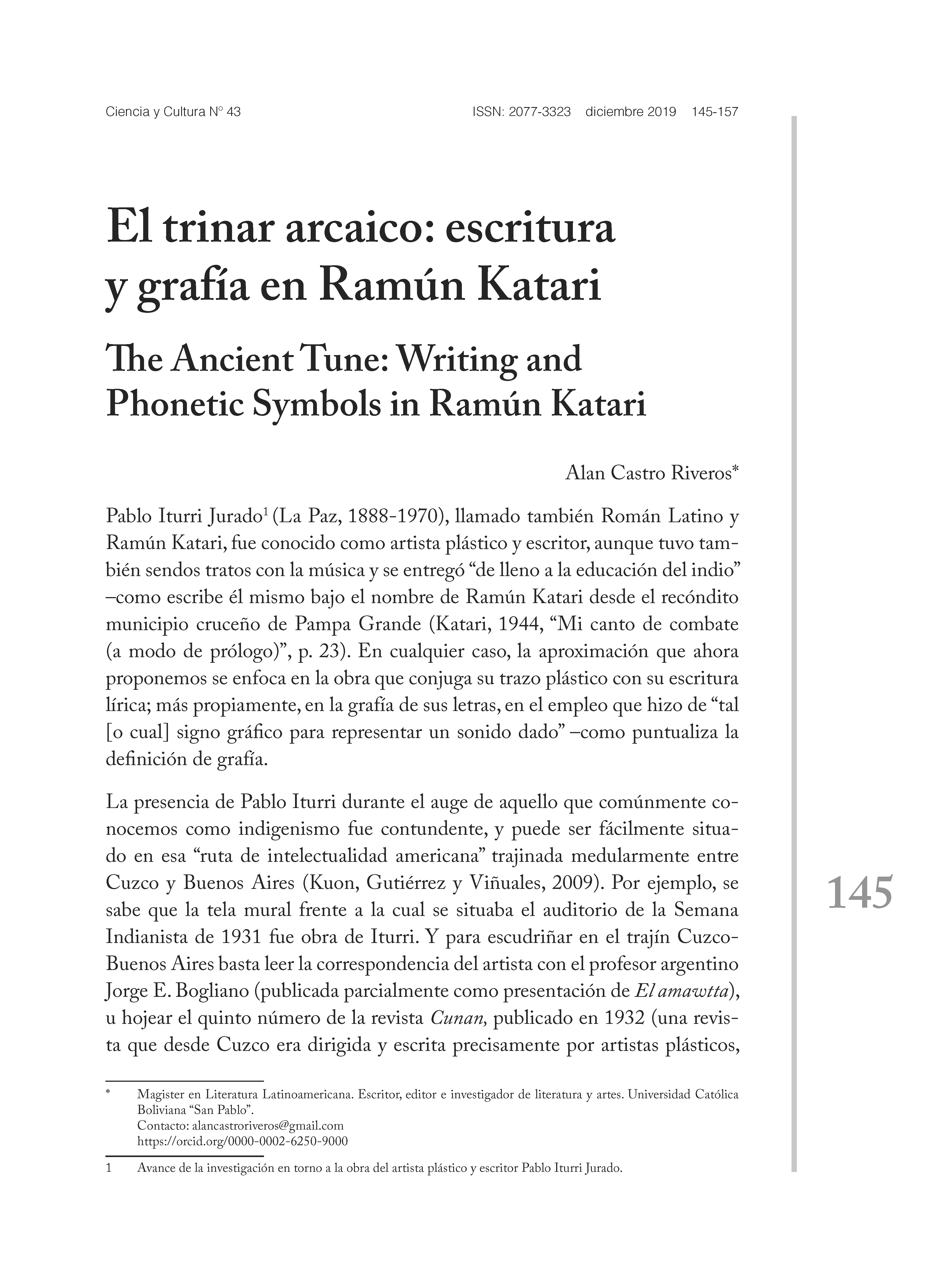 El trinar arcaico: escritura y grafía en Ramún Katari