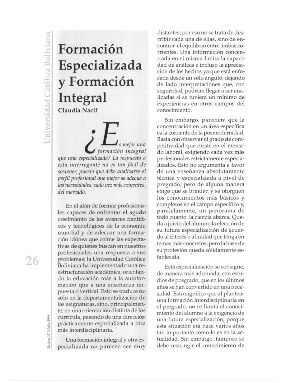 Formación Especializada y Formación Integral
