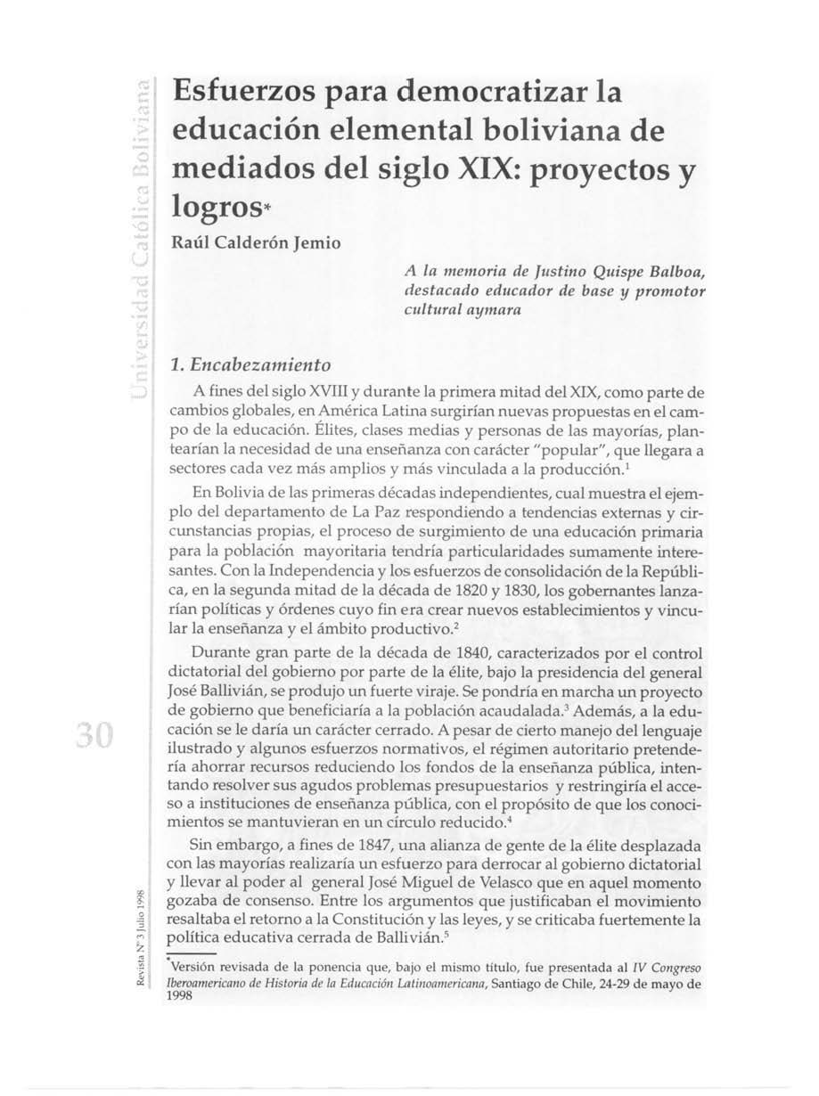 Esfuerzos para democratizar la educación elemental boliviana de mediados del siglo XIX1: proyectos y logros