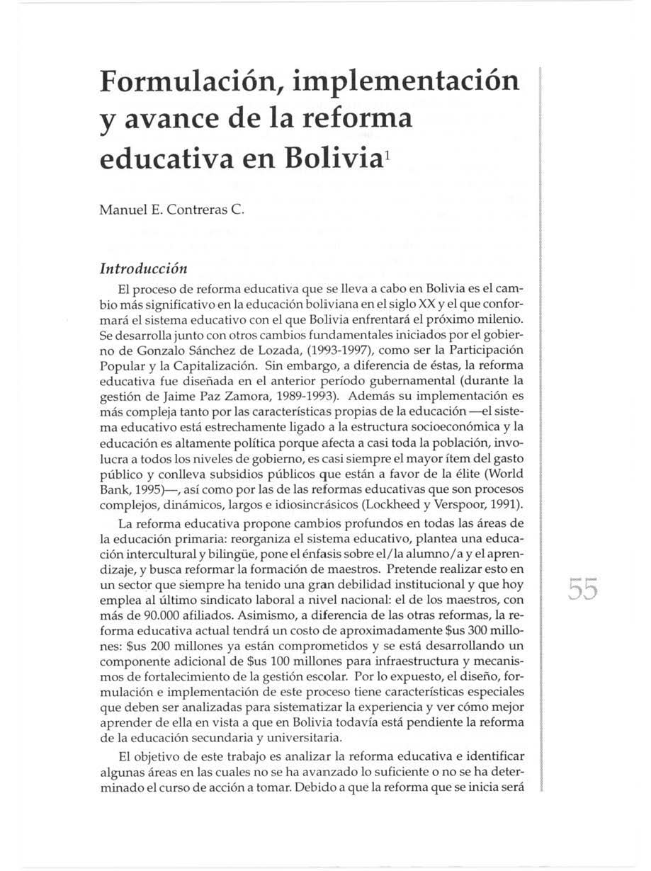 Formulación, implementación y avance de la reforma educativa en Bolivia