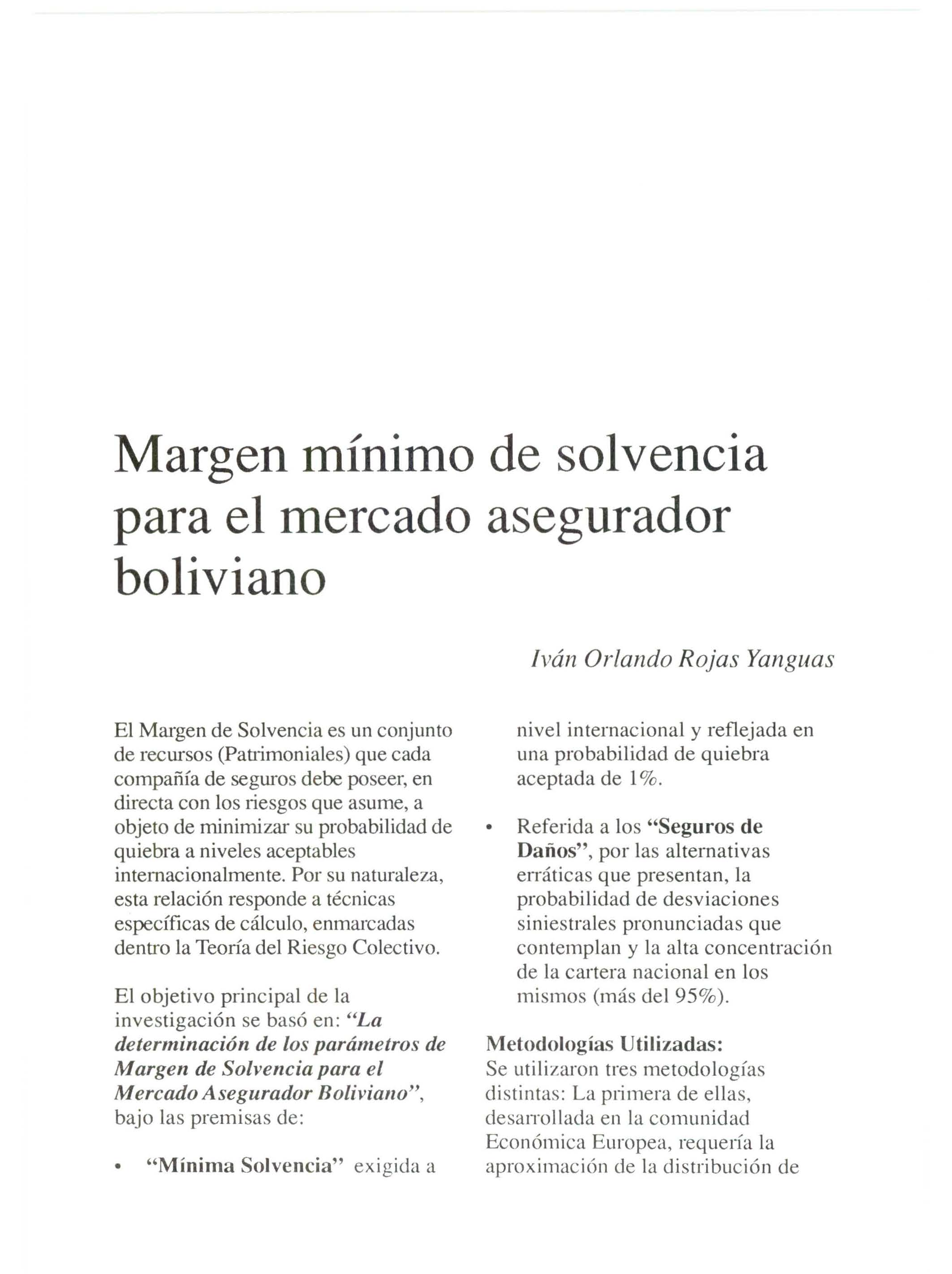Margen mínimo de solvencia para el mercado asegurador boliviano